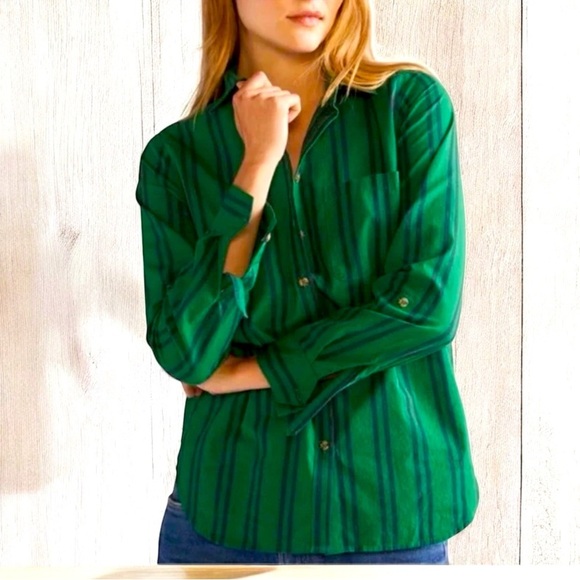 Maeve Anthropologie Striped Button Down Shirt Womens 6 Green Blue Cottagecore - Picture 1 of 10
